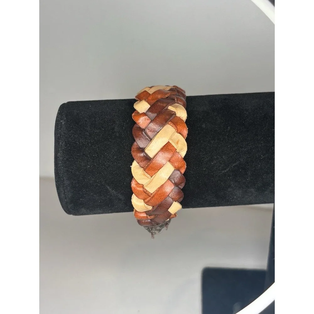 Vintage Braided Leather Bracelet Adjustable Brown Tan Boho Unisex